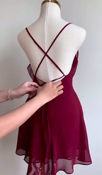 Burgundy A-Line Spaghetti Strap Floral Chiffon Short Prom Dresses Homecoming Dresses Outfits