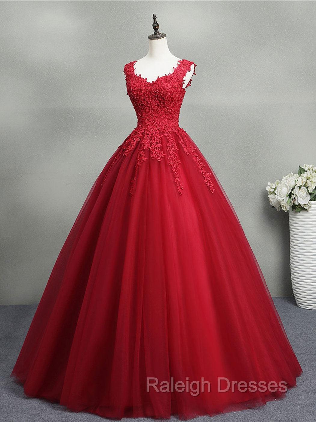 Burgundy A-Line Tulle Lace Long Prom Dress, Burgundy Formal Evening Dress Secondary image