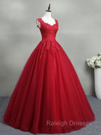 Burgundy A Line Tulle Lace Long Prom Dress, Burgundy Formal Prom Dress