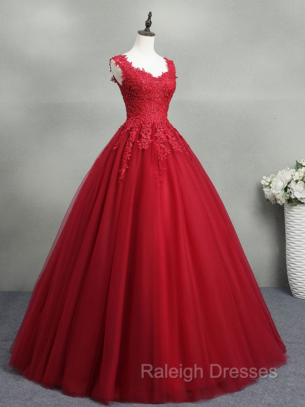 Burgundy A Line Tulle Lace Long Prom Dress, Burgundy Formal Prom Dress