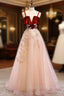 Burgundy A-line Tulle Lace Long Prom Dress Tulle Formal Dress