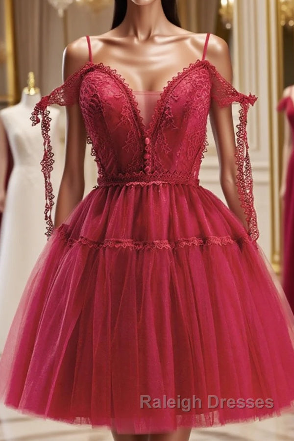 Burgundy A-Line Tulle Lace Short Prom Dress, Burgundy Homecoming Dresses