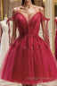 Burgundy A-Line Tulle Lace Short Prom Dress, Burgundy Homecoming Dresses