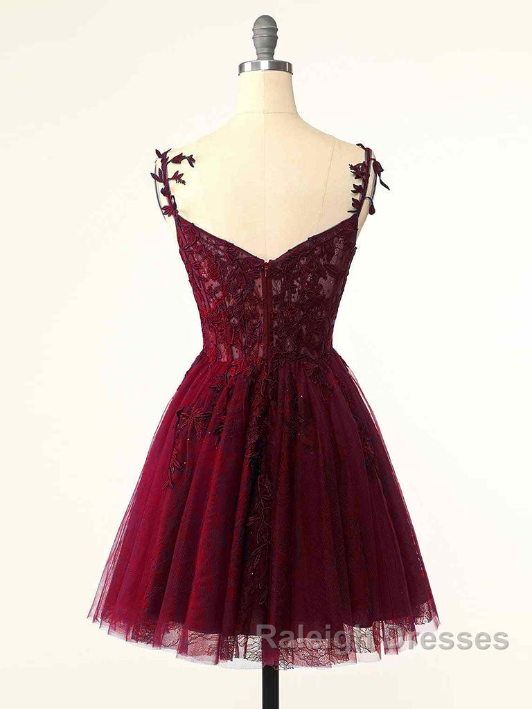 Burgundy A-Line Tulle Lace Short Prom Dress, Cute Burgundy Homecoming Dress
