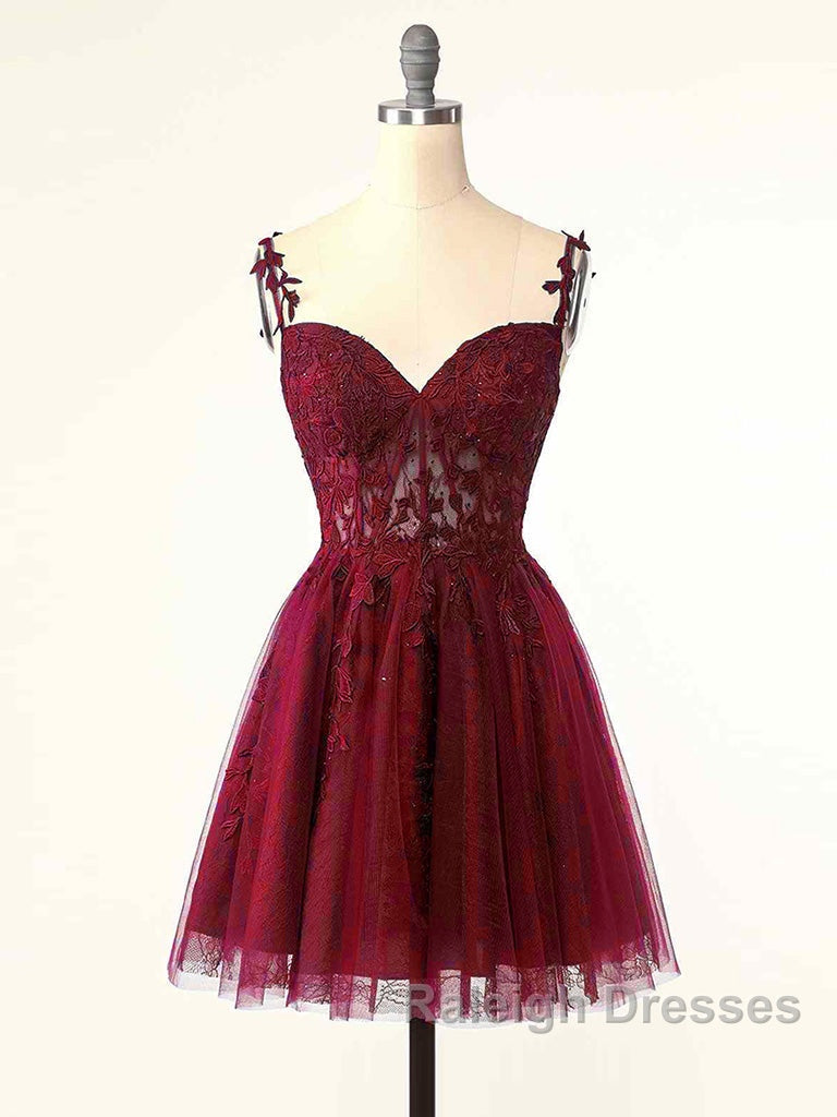 Burgundy A Line Tulle Lace Short Prom Dresses Cute Burgundy Homecoming Dresses Secondary image