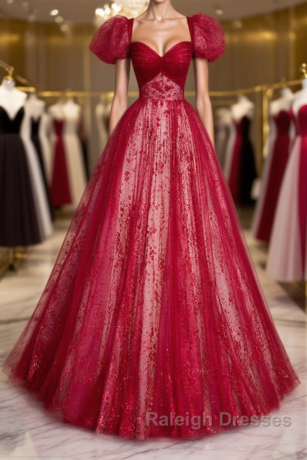 Burgundy A line tulle long prom dress burgundy evening dress Main image