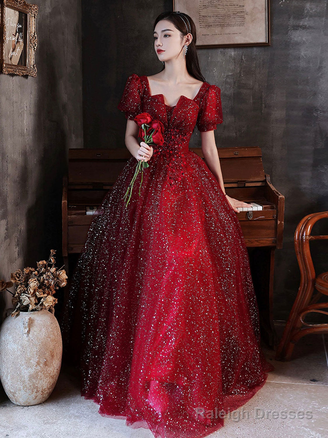 Burgundy A Line Tulle Long Prom Dress Burgundy Formal Dress Secondary image