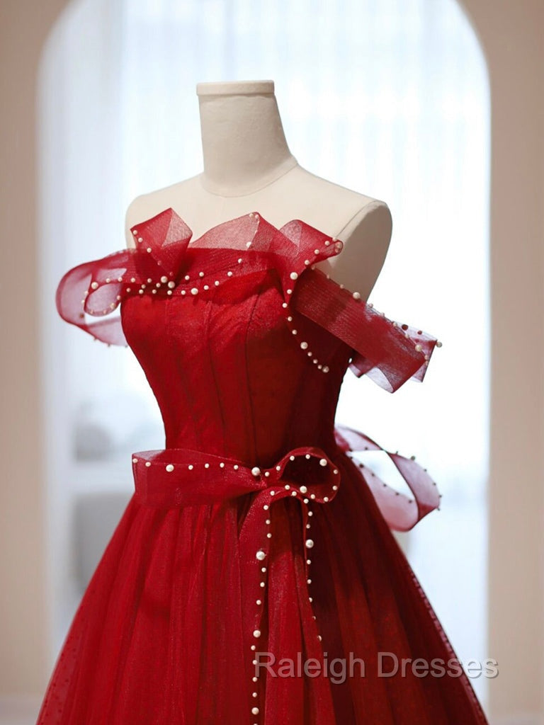 Burgundy A-Line Tulle Long Prom Dress, Burgundy Tulle Formal Dress Secondary image