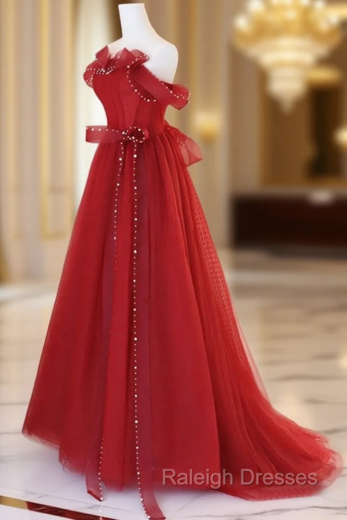 Burgundy A-Line Tulle Long Prom Dress, Burgundy Tulle Formal Dress Main image