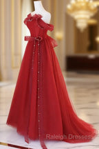 Burgundy A-Line Tulle Long Prom Dress, Burgundy Tulle Formal Dress
