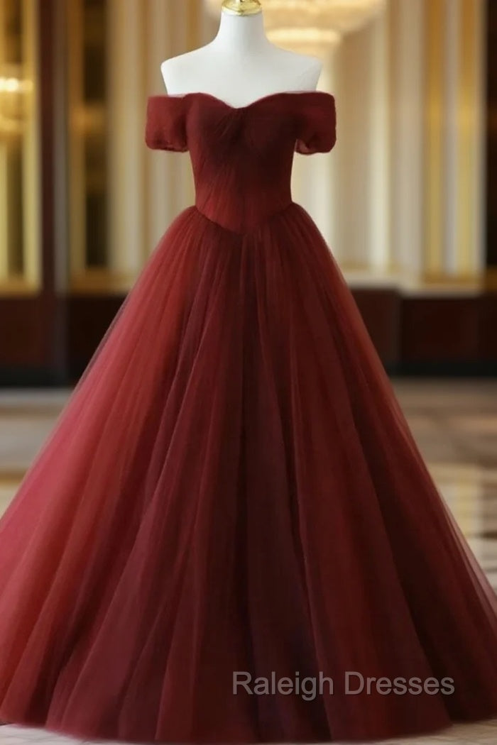 Burgundy A line Tulle Long Prom Dresses, Burgundy Long Bridesmaid Dresses