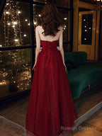 Burgundy A Line Tulle Sequin Long Prom Dress, Burgundy Evening Dress