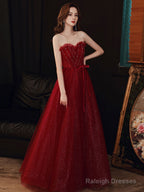 Burgundy A Line Tulle Sequin Long Prom Dress, Burgundy Evening Dress