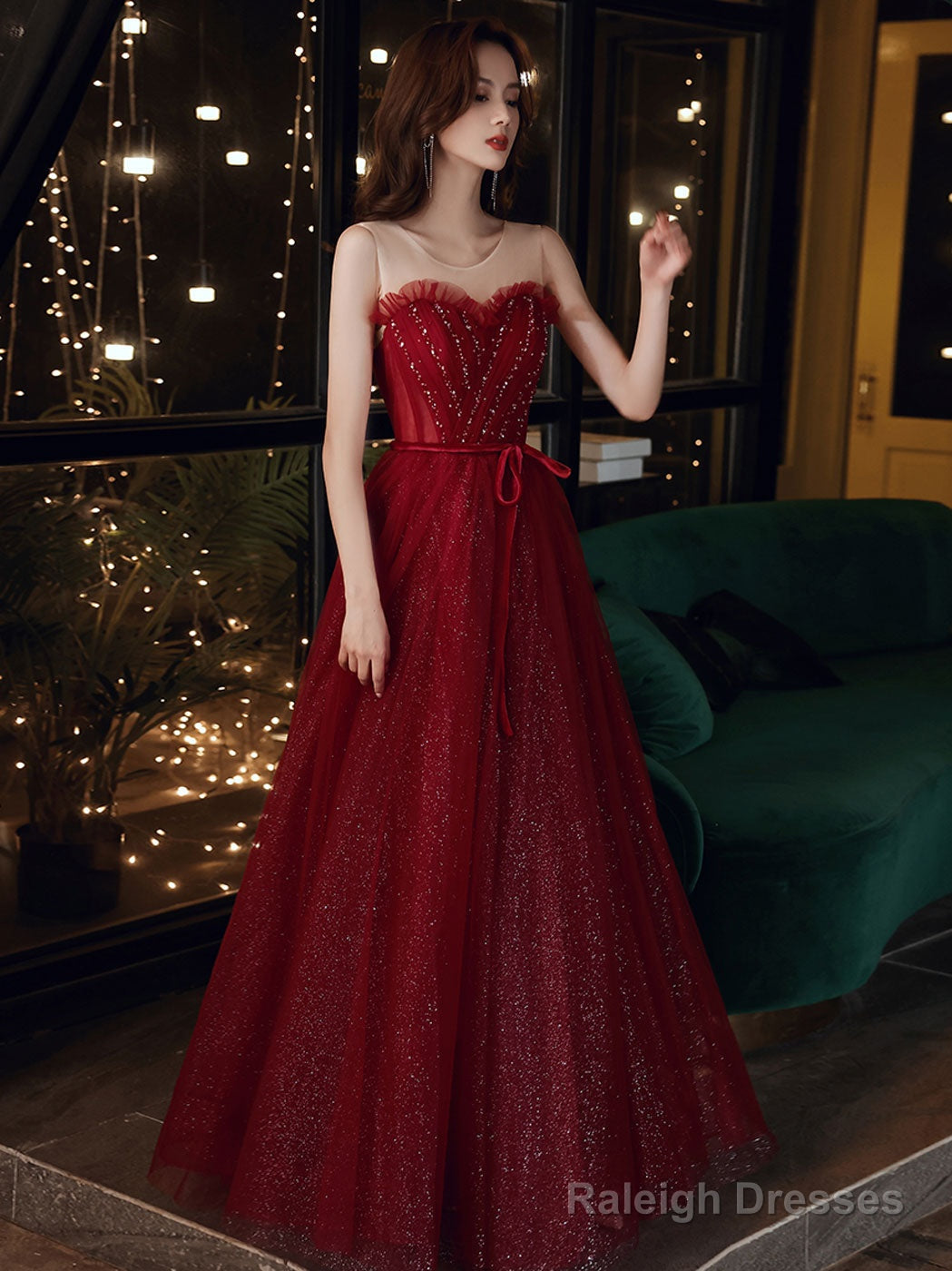 Burgundy A Line Tulle Sequin Long Prom Dress, Burgundy Evening Dress Main image