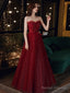 Burgundy A Line Tulle Sequin Long Prom Dress, Burgundy Evening Dress