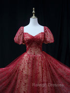 Burgundy A line Tulle Sequin Long Prom Dress Burgundy Tulle Formal Evening Dress