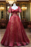 Burgundy A line Tulle Sequin Long Prom Dress Burgundy Tulle Formal Evening Dress