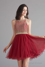 A-Line Tulle Sleeveless Beading Homecoming Dresses