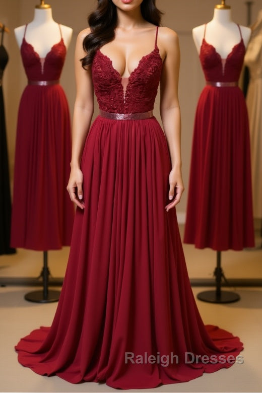 Burgundy A Line V Neck Backless Lace Tulle Long Prom Dresses, Burgundy Lace Formal Dresses, Burgundy Evening Dresses Main image