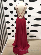 Burgundy A Line V Neck Backless Lace Tulle Long Prom Dresses, Burgundy Lace Formal Dresses, Burgundy Evening Dresses