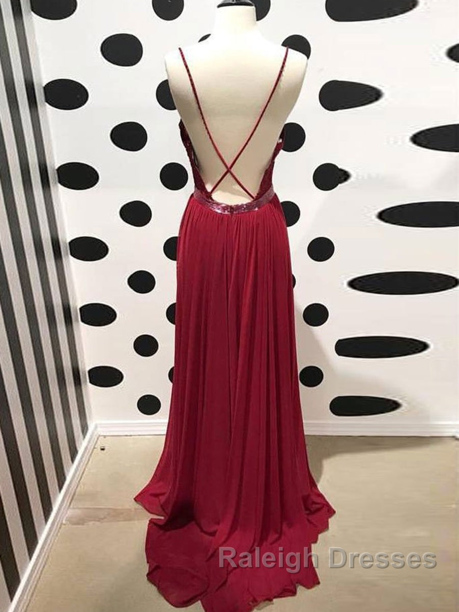 Burgundy A Line V Neck Backless Lace Tulle Long Prom Dresses, Burgundy Lace Formal Dresses, Burgundy Evening Dresses