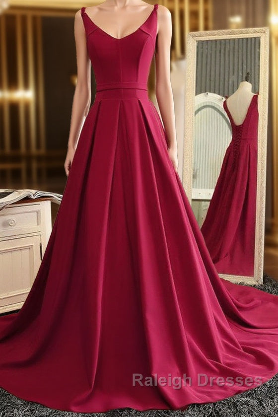 Burgundy A Line V Neck Sweep Train Open Back Satin Long Prom Dress, V Neck Burgundy Formal Dress, Backless Evening Dress