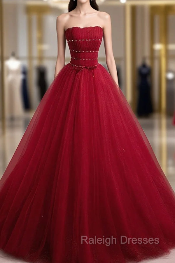 Burgundy Aline Tulle Beads Long Prom Dress, Burgundy Formal Dresses