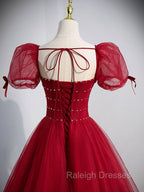 Burgundy Aline Tulle Beads Long Prom Dress, Burgundy Formal Dresses