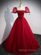 Burgundy Aline Tulle Beads Long Prom Dress, Burgundy Formal Dresses