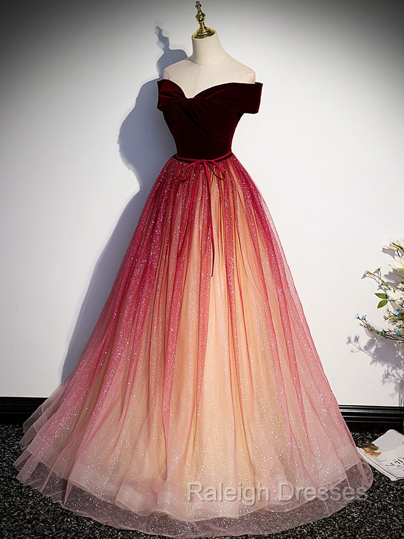 Burgundy Aline Tulle Sequin Long Prom Dress, Velvet Burgundy Formal Prom Dress