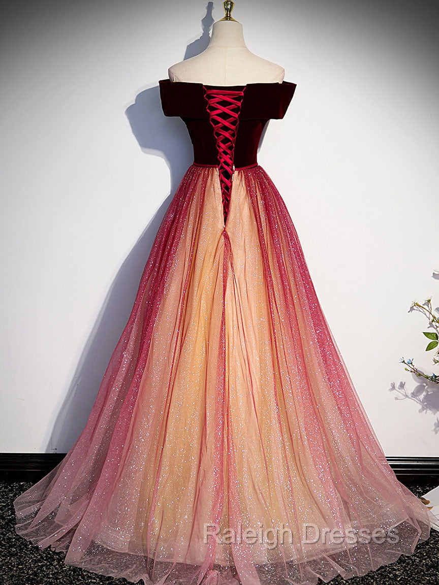 Burgundy Aline Tulle Sequin Long Prom Dress, Velvet Burgundy Formal Prom Dress