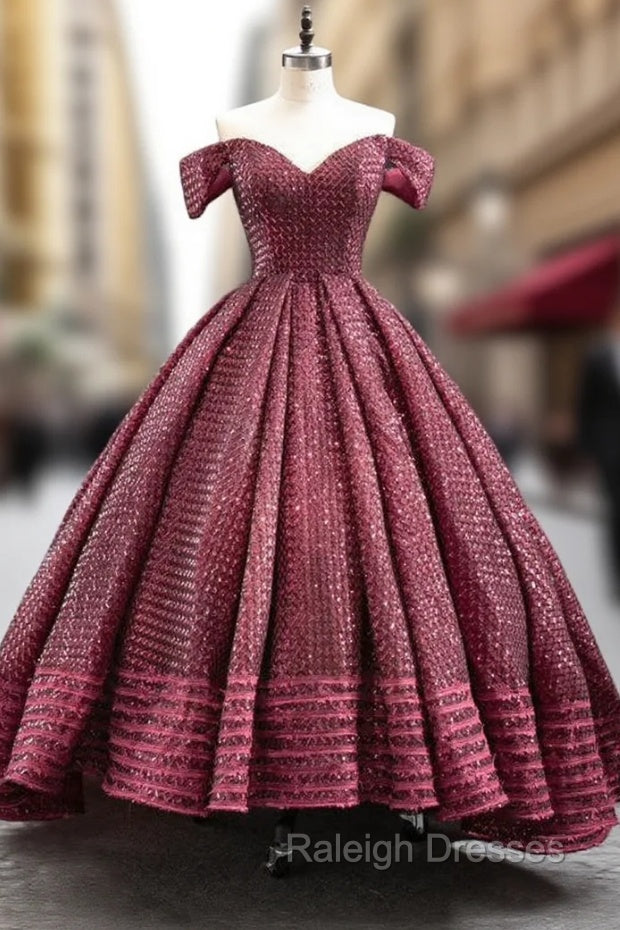 Burgundy Ball Gown  Sequins Off the Shoulder Prom Dress Main image