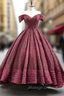 Burgundy Ball Gown  Sequins Off the Shoulder Prom Dress