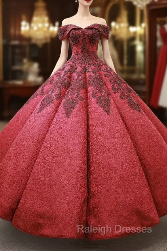 Burgundy Ball Gown Lace Off the Shoulder Appliques Beading Prom Dress