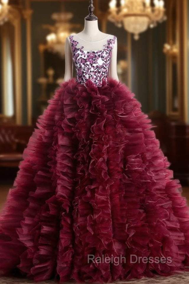 Burgundy Ball Gown Ruffles Beading Crystal Wedding Dress