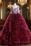 Burgundy Ball Gown Ruffles Beading Crystal Wedding Dress