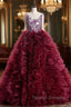 Burgundy Ball Gowns Ruffles Beading Crystal Wedding Dress
