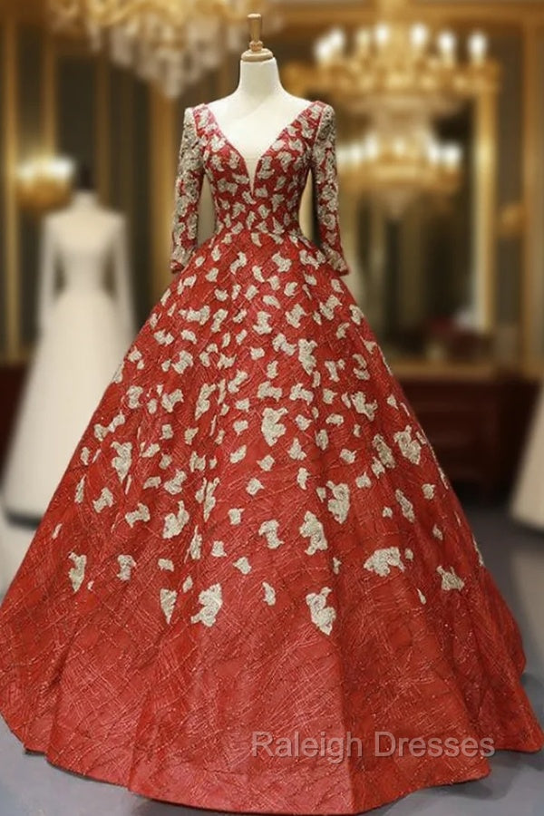 Burgundy Ball Gown Sequins Appliques Deep V-neck Long Sleeve Prom Dress