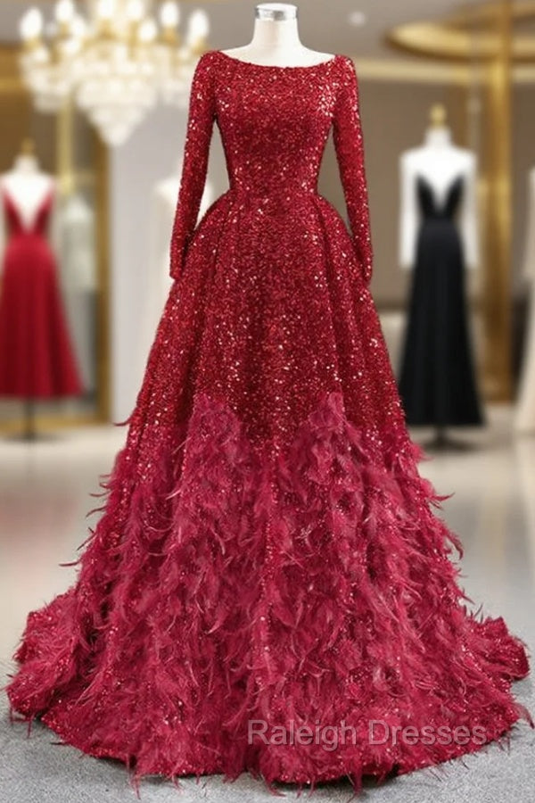 Burgundy Ball Gown Sequins Long Sleeve Feather Prom Dress