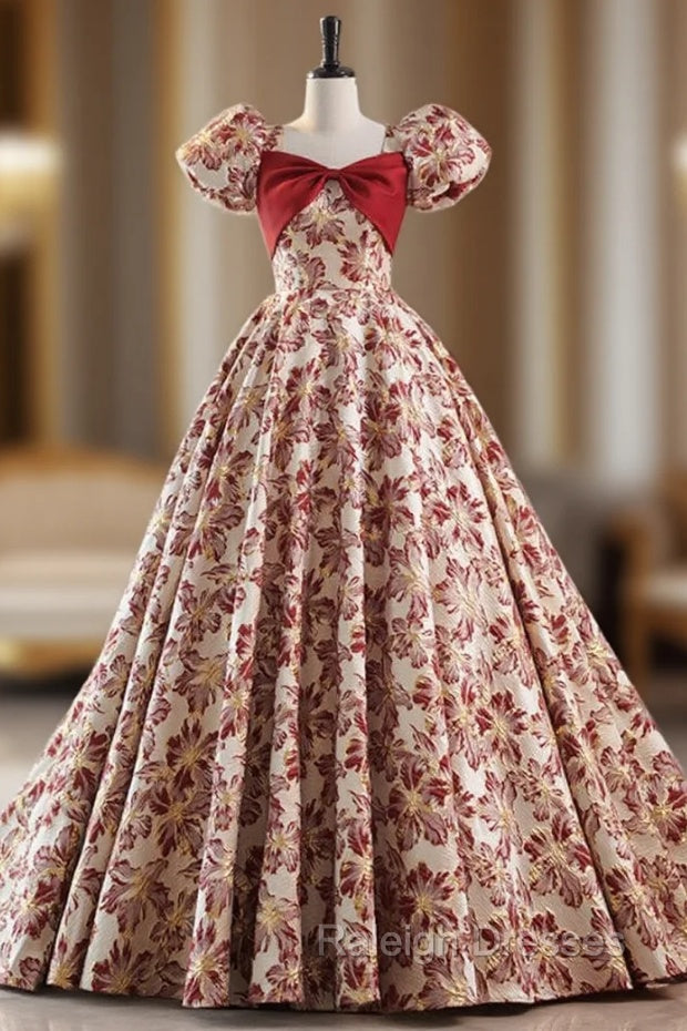 Burgundy Ball Gown Square Puff Sleeve Prom Dress
