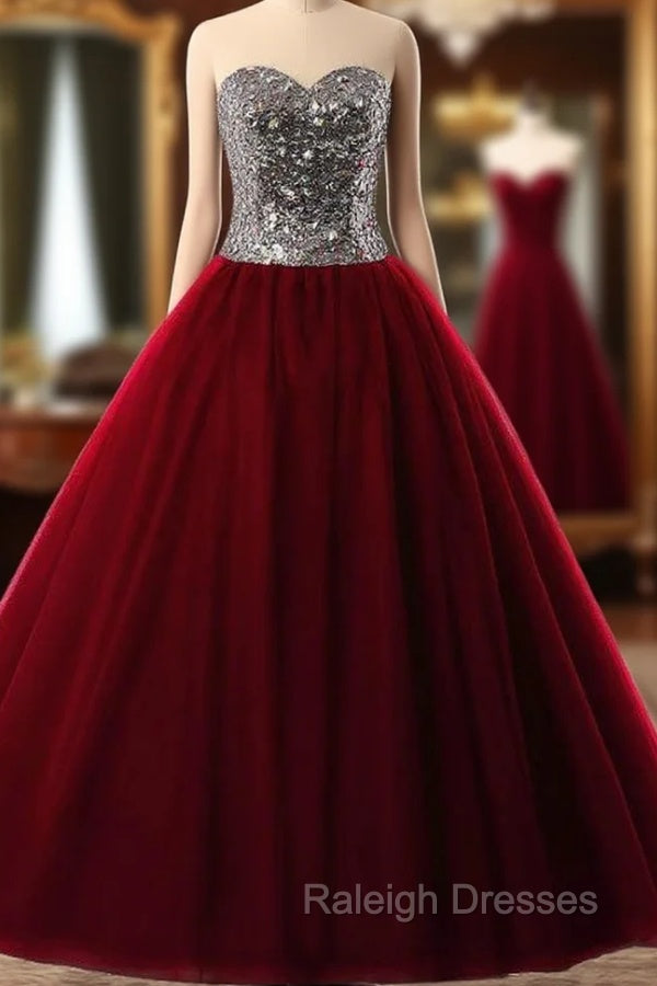 Burgundy Ball Gowns Sweetheart Tulle Sequins Quinceanera Dresses
