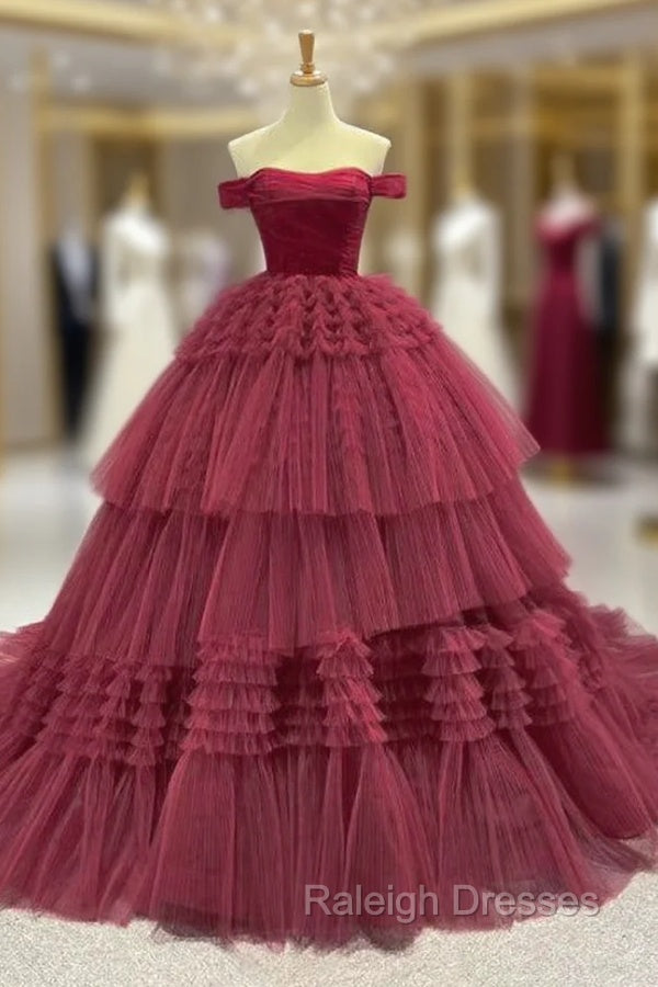 Burgundy Ball Gown Tulle Off the Shoulder Pleats Prom Dress