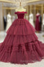 Burgundy Ball Gown Tulle Off the Shoulder Pleats Prom Dress