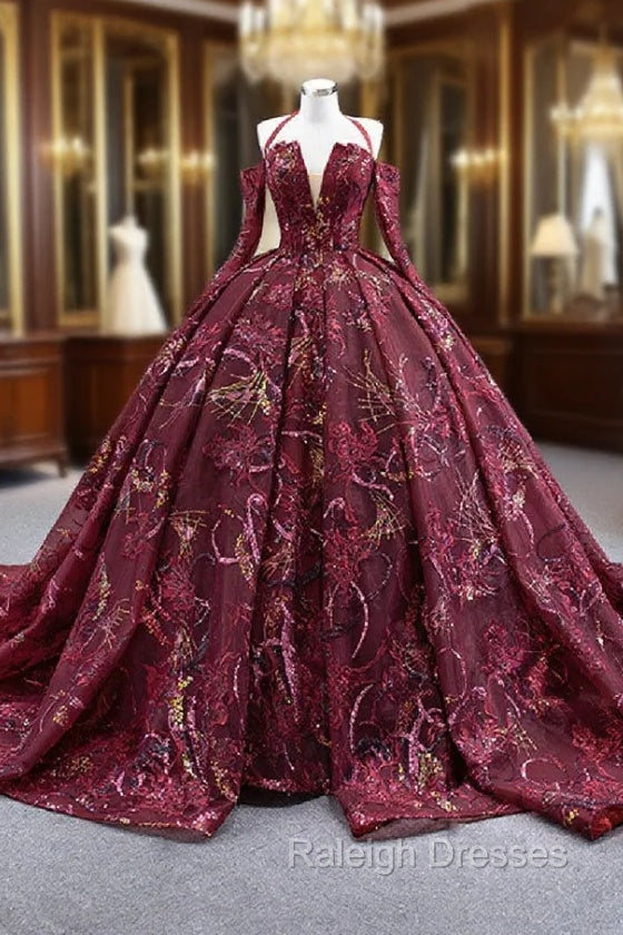 Burgundy Ball Gown Tulle Sequins Long Sleeve Prom Dress