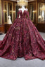 Burgundy Ball Gown Tulle Sequins Long Sleeve Prom Dress