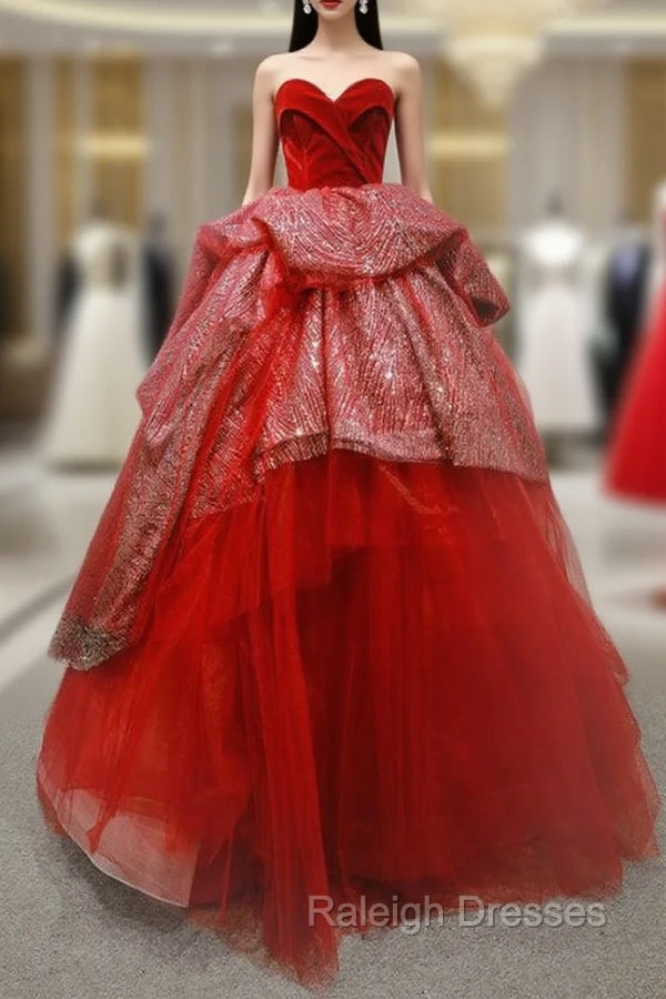 Burgundy Ball Gown Tulle Sequins Sweetheart Luxury Prom Dress Main image