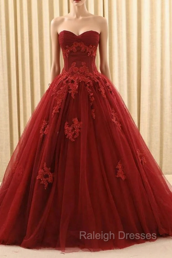 Burgundy Ball Gown Tulle Sweetheart Appliques Wedding Dress