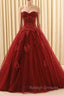 Burgundy Ball Gown Tulle Sweetheart Appliques Wedding Dress