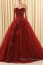 Burgundy Ball Gowns Tulle Sweetheart Appliques Wedding Dress