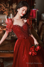 Burgundy Beaded Chic Long A-Line Prom Dresses Cute Short Sleeve Prom Dresses
